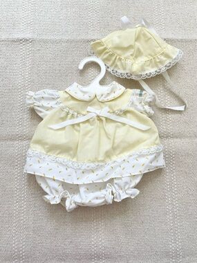 VTG 1982 Cabbage Patch Kids Preemie Outfit Yellow Rosebud Dress Bloomers Bonnet
